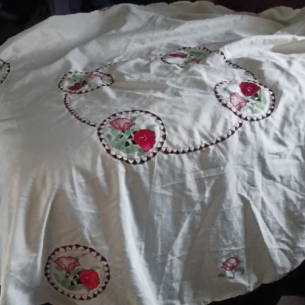 Floral Embroidered Large Round Tablecloth